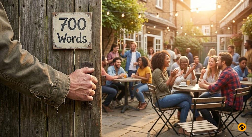 A person opening a gate labeled "Essential Words" leading to a vibrant conversation scene.