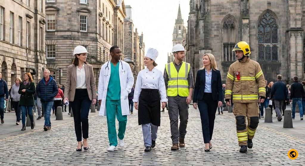 A diverse group of people in different professional outfits in a city square