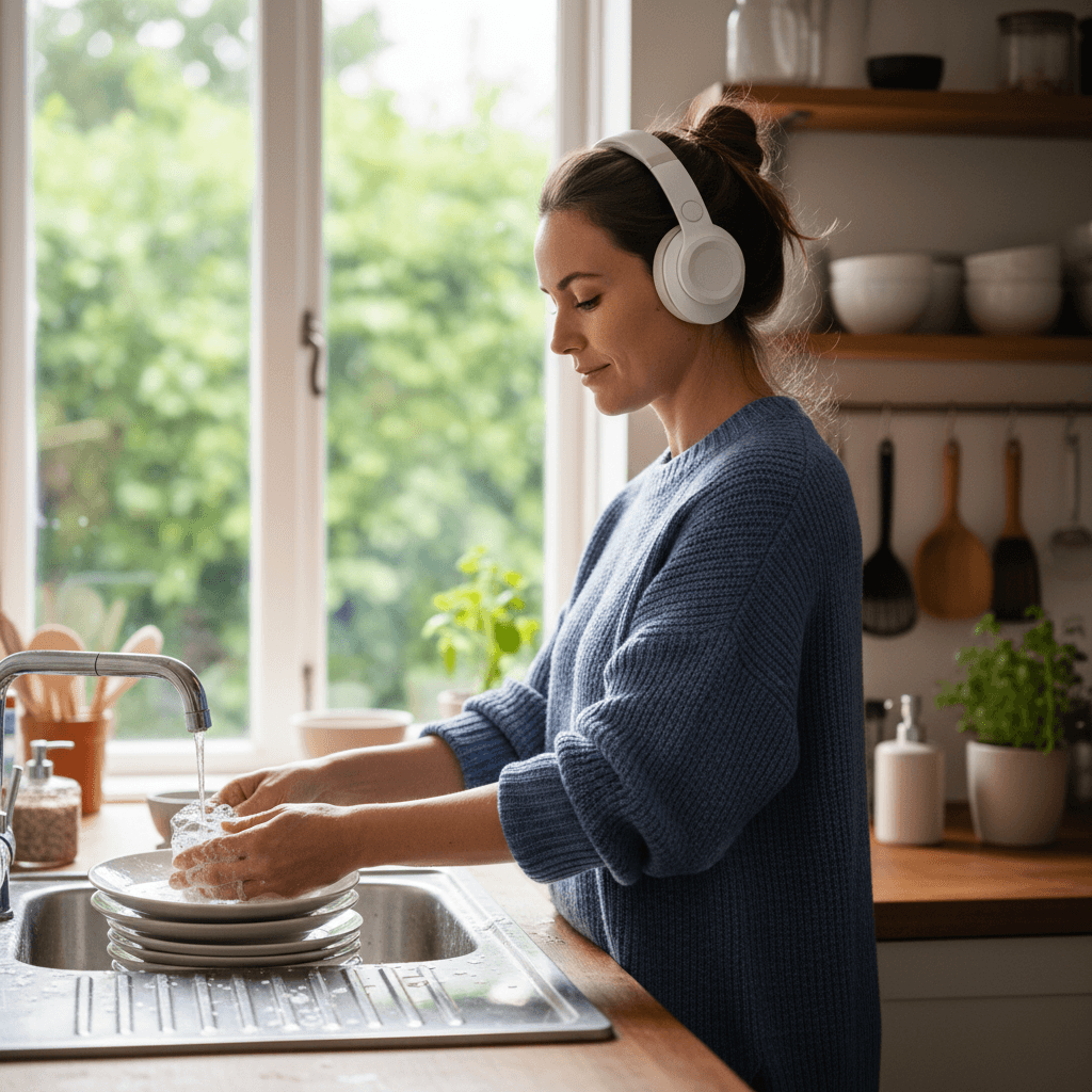 Person listening to German while doing dishes