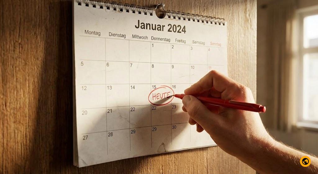 A calendar with German days and months, someone circling "heute" - today