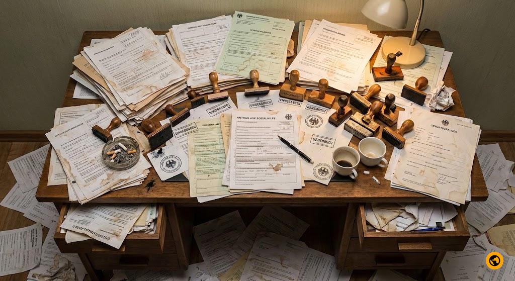 A desk drowning in official-looking German forms and stamps