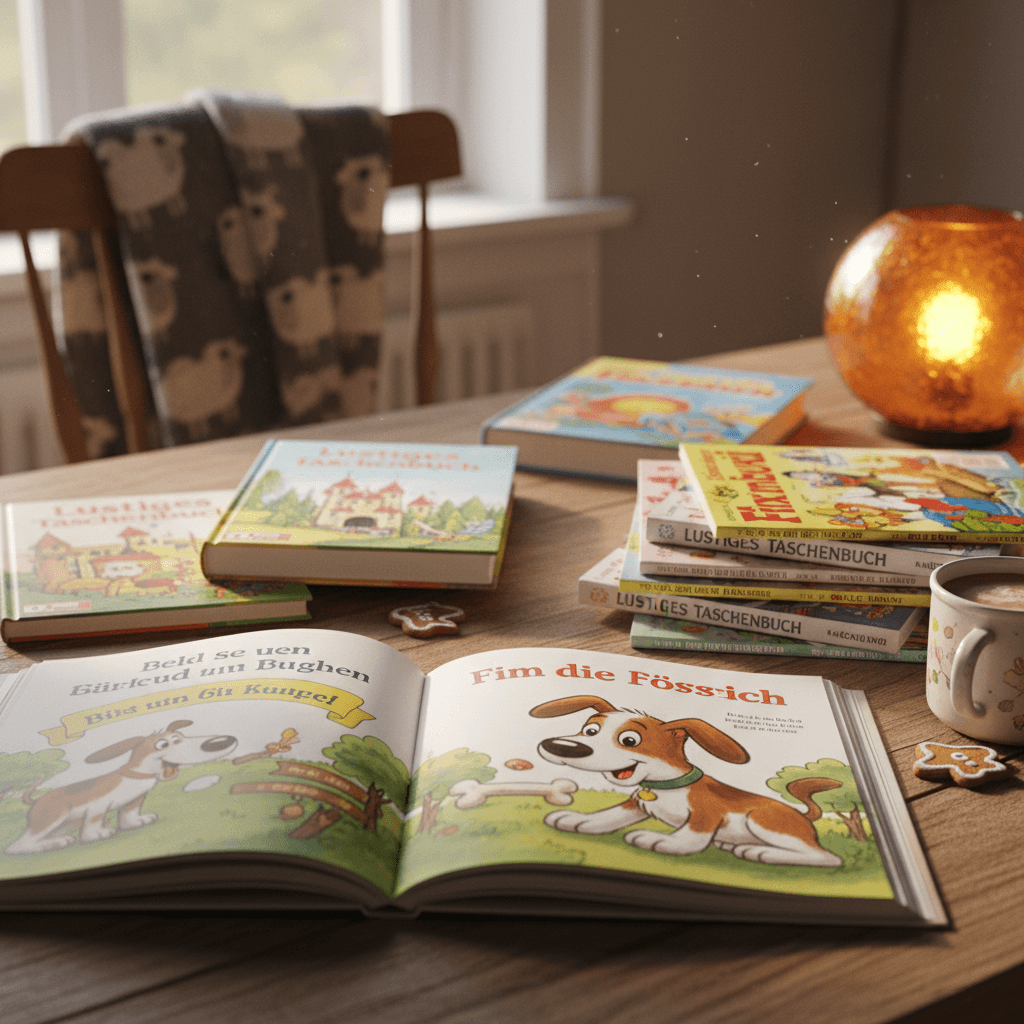 German children's books and comics on a table
