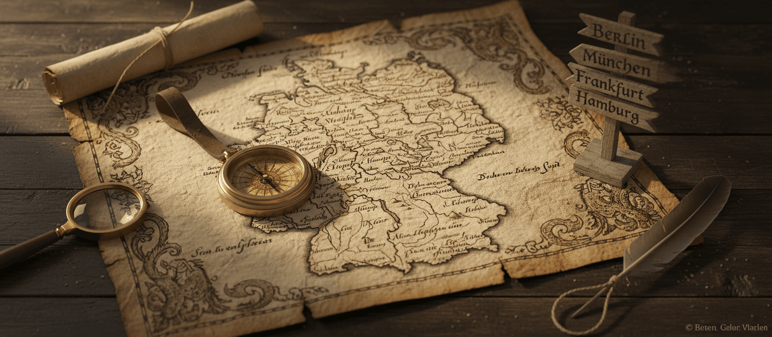 Map, compass and German directional signs