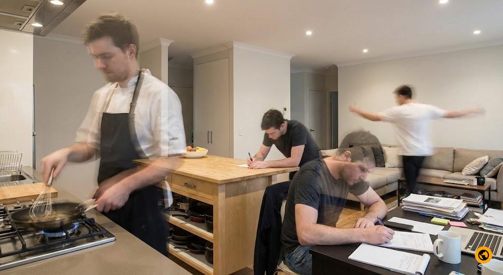 A person in motion blur, running through actions - cooking, writing, dancing