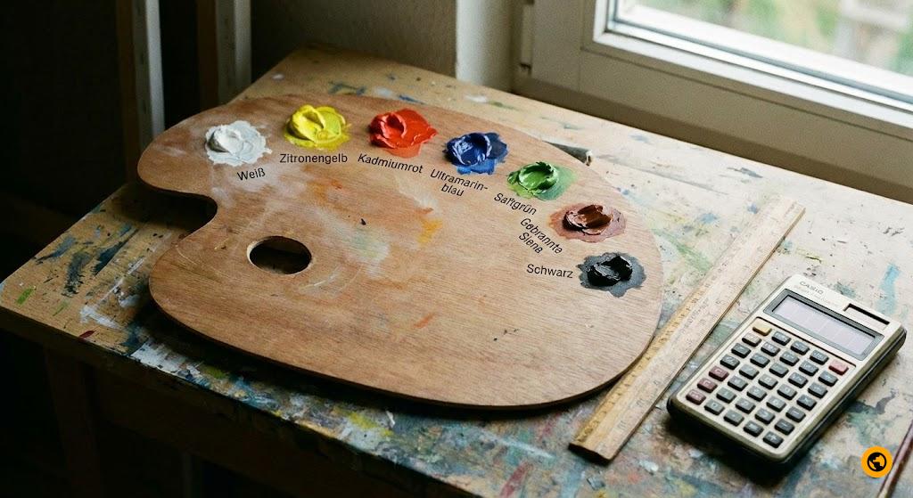 A paint palette with labeled colors in German next to a ruler and calculator