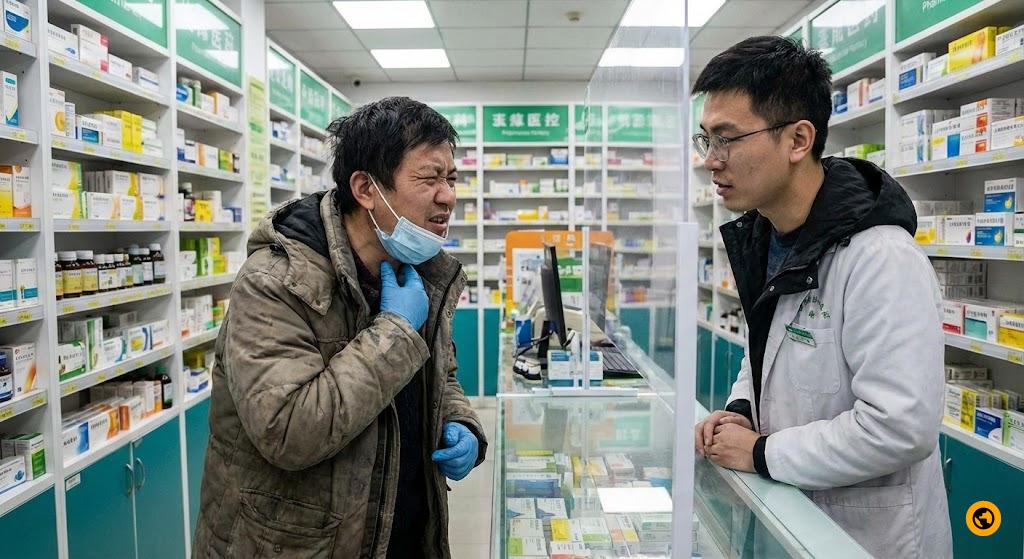 A person in a pharmacy, pointing at their throat, trying to communicate pain