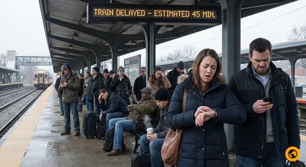 A delayed train platform with frustrated passengers checking their watches